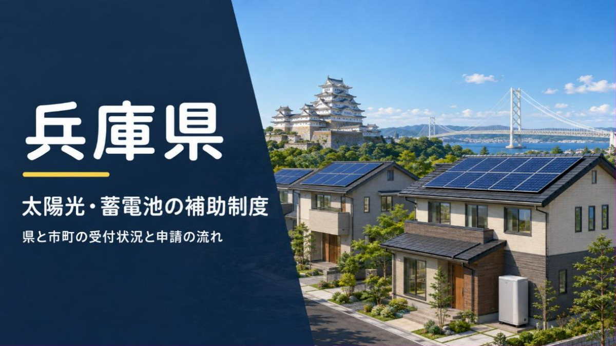 姫路城と明石海峡大橋を遠景にした兵庫県の住宅街と屋根上の太陽光パネル・家庭用蓄電池