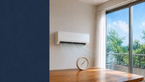 日本のリビングの白い壁掛けエアコンと、テーブルの上の丸い湿度計、水滴のついた窓