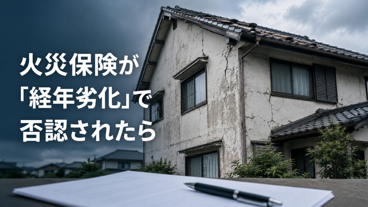 外壁にひび割れと色あせのある日本の住宅と、手前に置かれた通知書とボールペン