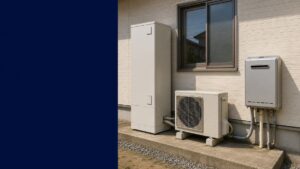 日本の戸建て住宅の外壁に並んで設置されたエコキュートの貯湯タンクとヒートポンプ室外機、壁掛けのガス給湯器