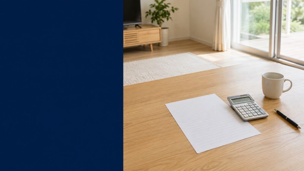 日本の住宅のリビングで、木のテーブルに置かれた明細書と電卓とペン