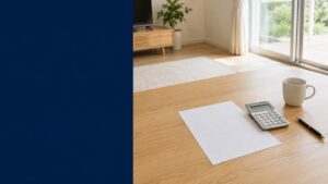 日本の住宅のリビングで、木のテーブルに置かれた明細書と電卓とペン