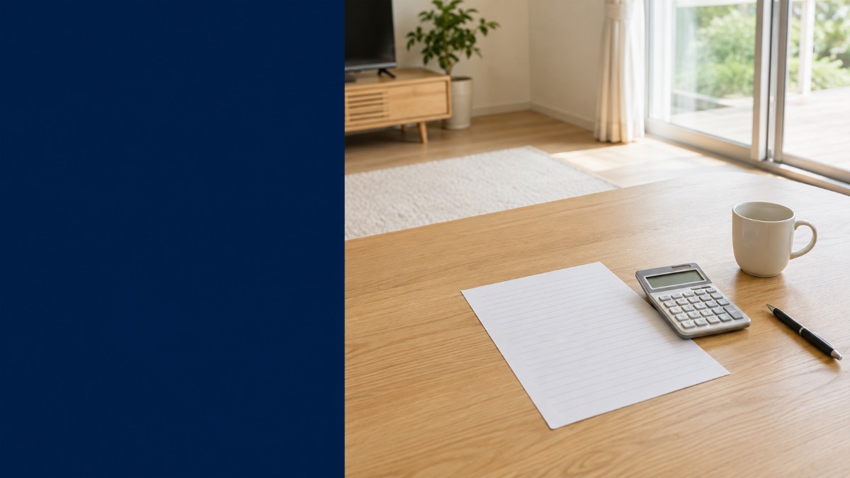 日本の住宅のリビングで、木のテーブルに置かれた明細書と電卓とペン