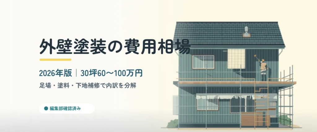 足場を組んで外壁塗装中の日本の2階建て戸建て住宅のイラスト｜外壁塗装の費用相場2026年版