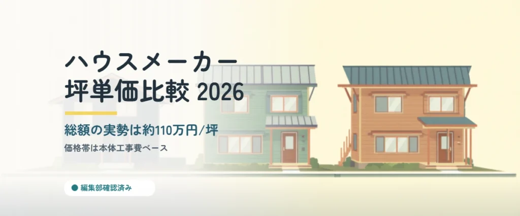 日本の戸建て住宅3棟を価格帯別に並べたイラスト｜ハウスメーカー坪単価比較2026年版
