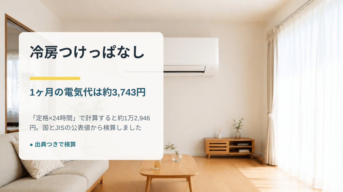 冷房つけっぱなし1ヶ月の電気代は約3,743円と示したアイキャッチ画像