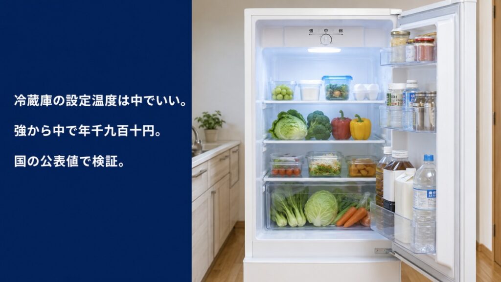 扉を開けた家庭用冷蔵庫と庫内上部の温度調節パネル。冷蔵庫の設定温度をテーマにしたアイキャッチ画像