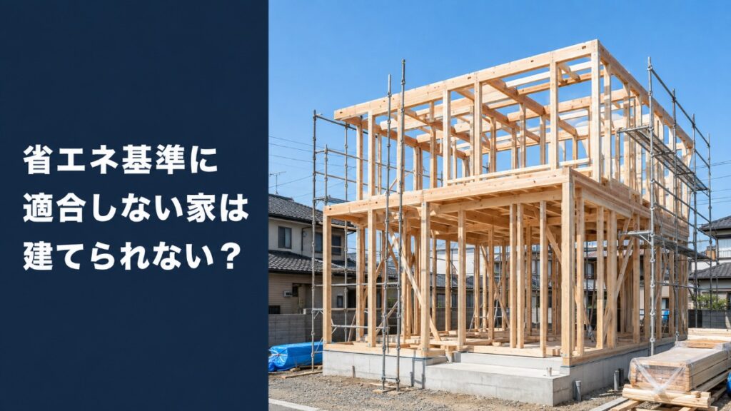木造2階建て住宅の新築工事現場と「省エネ基準に適合しない家は建てられない？」の見出し