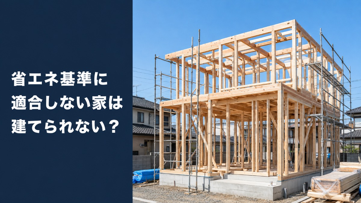 木造2階建て住宅の新築工事現場と「省エネ基準に適合しない家は建てられない？」の見出し
