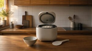 ふたを開けて炊きあがったごはんが見える炊飯器と、手前の茶碗としゃもじ
