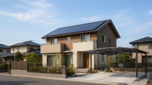 太陽光パネルを載せた日本の新築2階建て住宅とカーポート