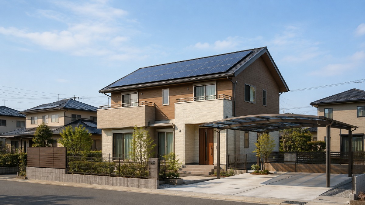 太陽光パネルを載せた日本の新築2階建て住宅とカーポート