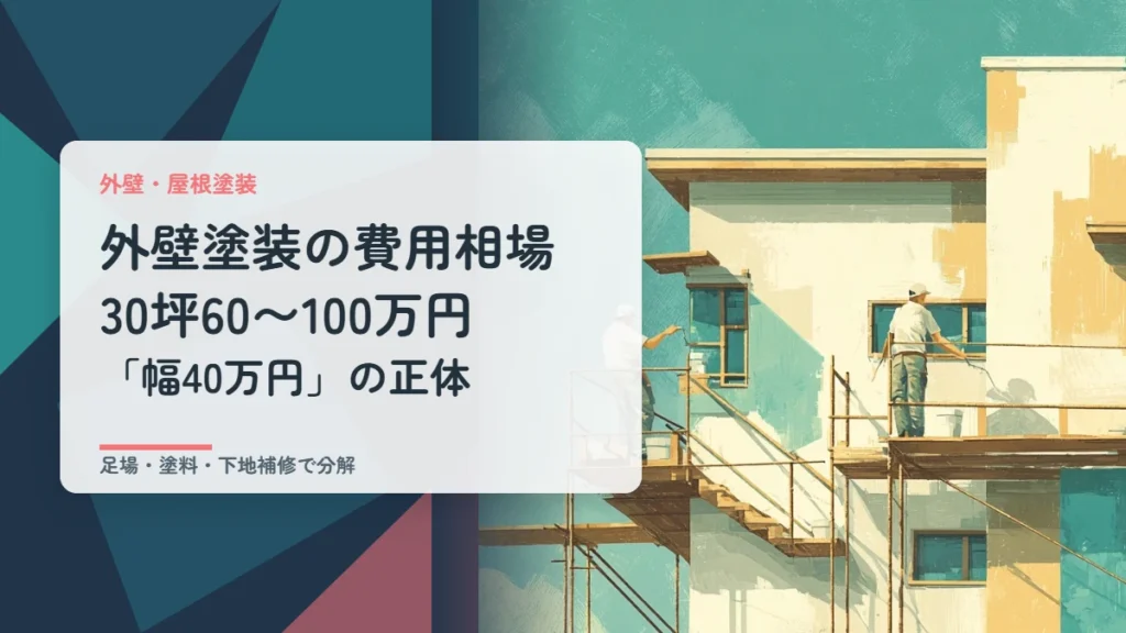 足場を組んで住宅の外壁を塗装する職人と、外壁塗装の費用相場30坪60〜100万円の幅を示すアイキャッチ