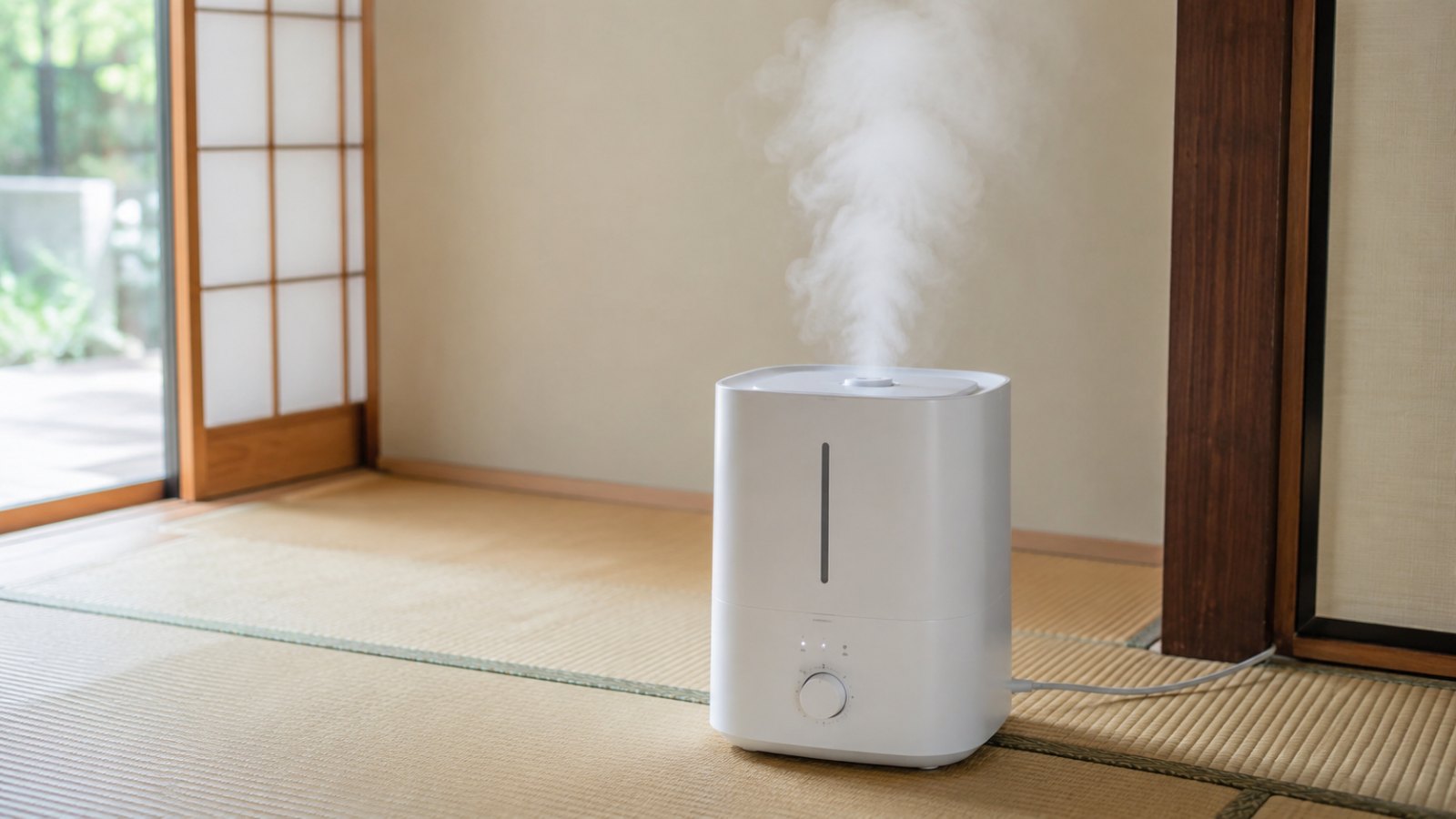 日本の部屋に置かれた白い加湿器から蒸気が立ちのぼる様子