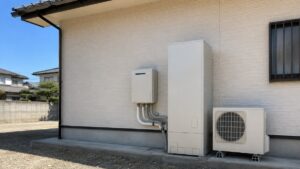 日本の住宅の外壁に設置された壁掛け型ガス給湯器とエコキュートの貯湯タンク・ヒートポンプユニット