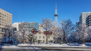 雪に覆われた冬の札幌の街並みと赤い屋根の木造建築