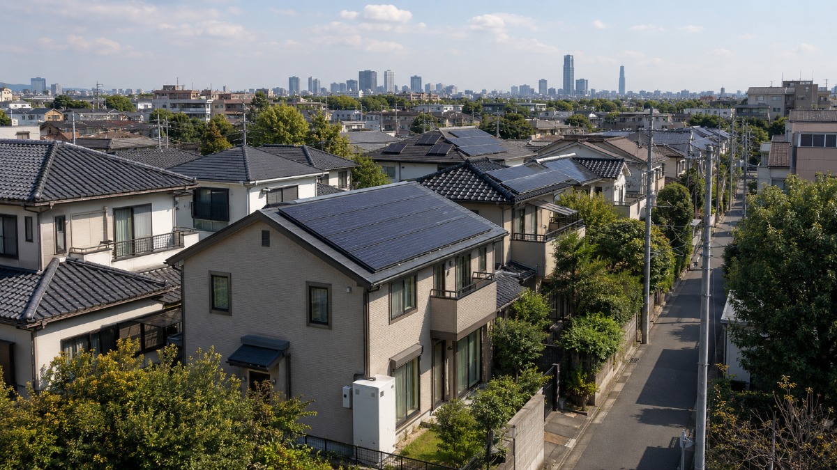 世田谷区の低層住宅街。複数の戸建て住宅の屋根に太陽光パネルが設置され、遠景に都市のスカイラインが見える