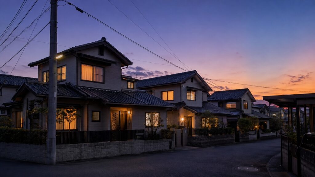 夕暮れの日本の住宅街。数軒の戸建ての窓に室内照明がともっている