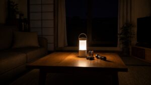 停電した夜の日本のリビングで点灯するLEDランタンと乾電池・懐中電灯