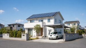 屋根に太陽光パネルを載せた日本の戸建住宅のカーポートで、壁付けの充放電設備から白い電気自動車へケーブルがつながっている