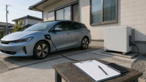 日本の戸建て住宅の駐車スペースに設置されたV2H充放電設備と電気自動車、手前に申請書類を挟んだクリップボード