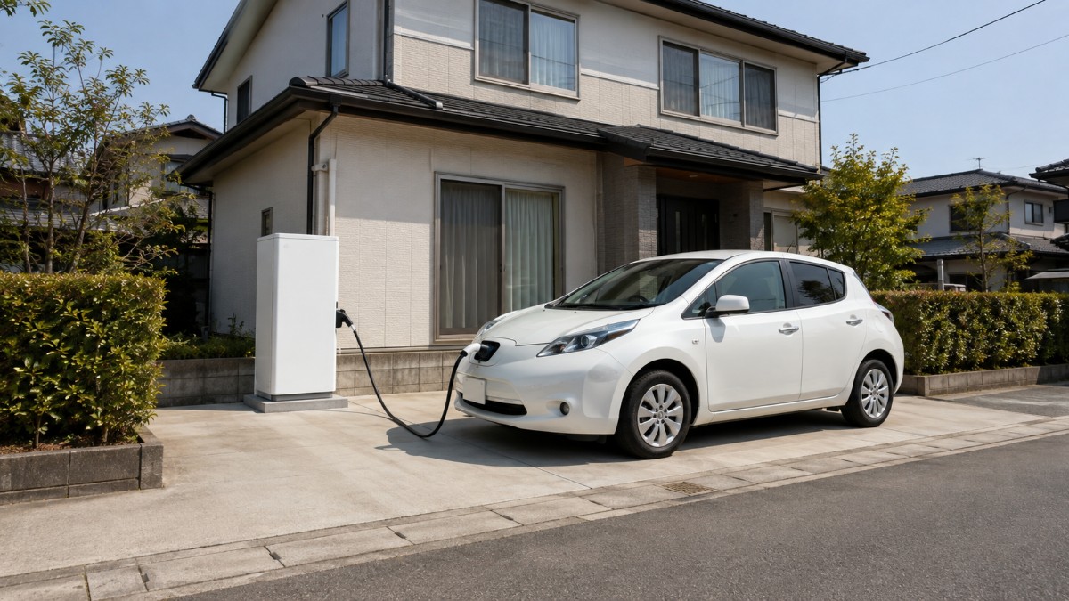 日本の戸建て住宅の駐車スペースに設置されたV2H充放電設備と充電中の白い電気自動車