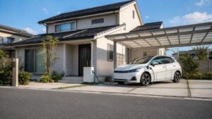 日本の新築一戸建ての駐車スペースに設置されたV2H充放電設備と電気自動車