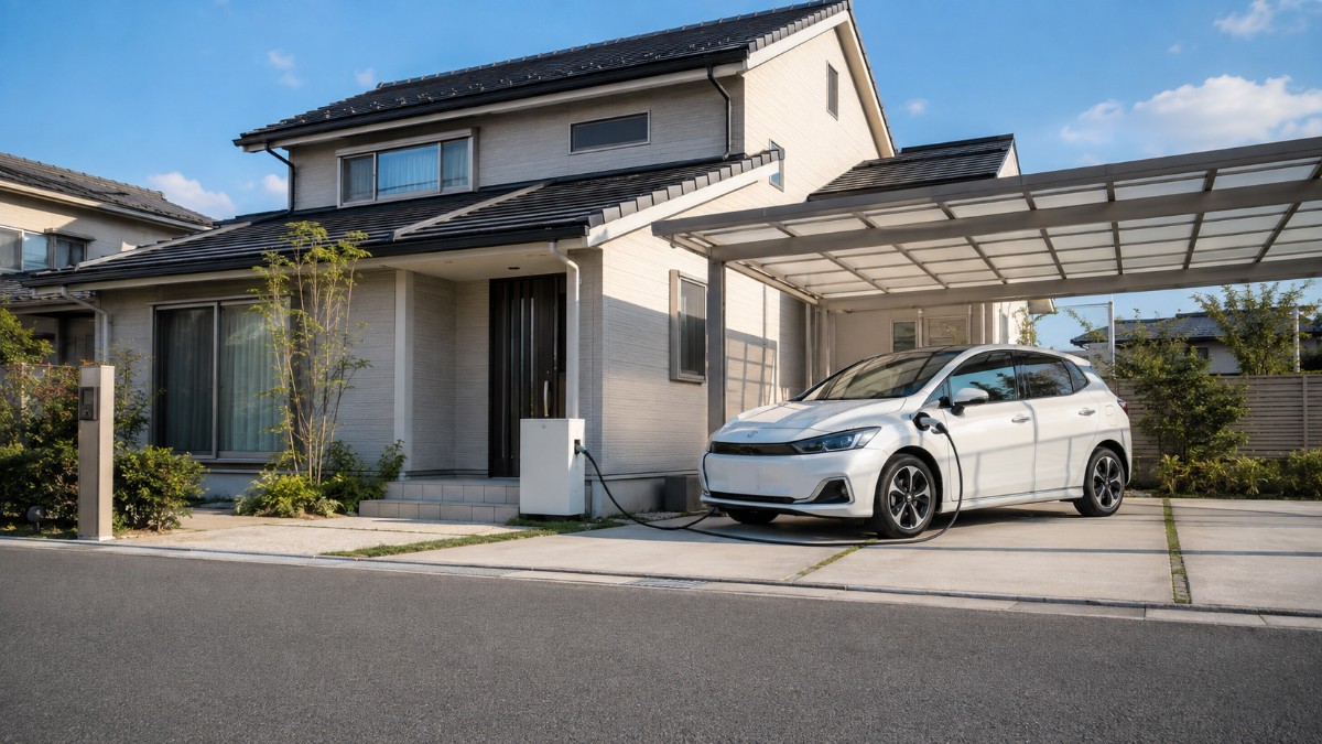 日本の新築一戸建ての駐車スペースに設置されたV2H充放電設備と電気自動車