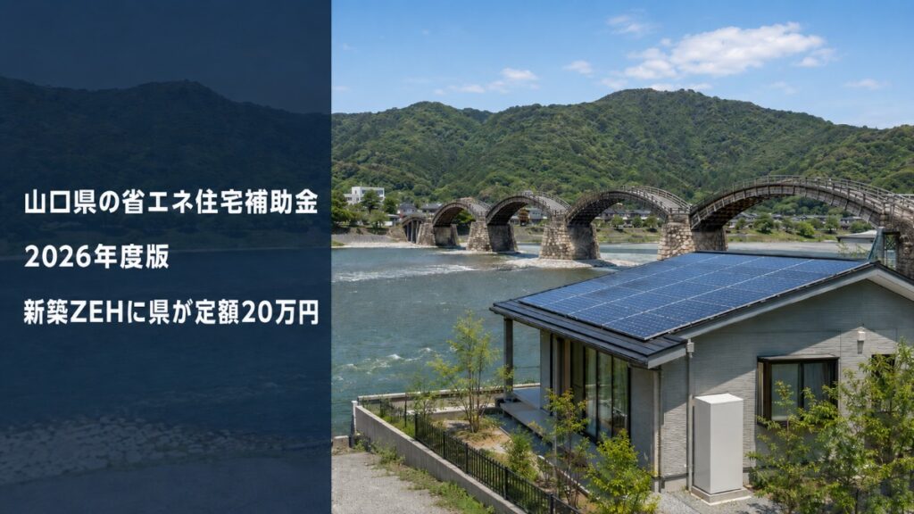 山口県の錦帯橋を背景にした太陽光パネル付き戸建て住宅と家庭用蓄電池