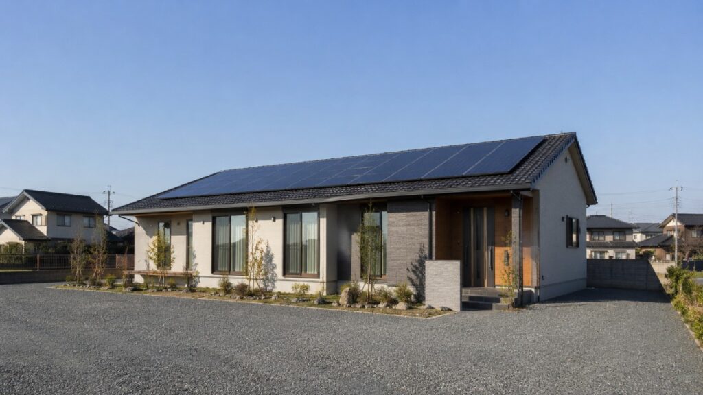 屋根に太陽光パネルを載せた日本の新築戸建住宅