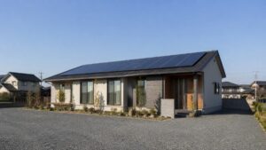 屋根に太陽光パネルを載せた日本の新築戸建住宅