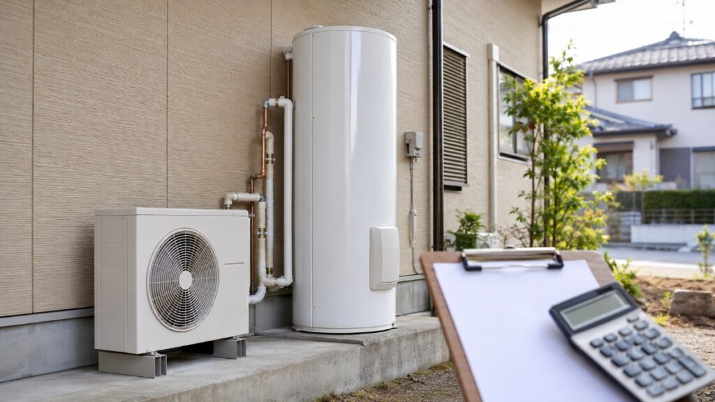 エコキュートの貯湯タンクとヒートポンプユニット