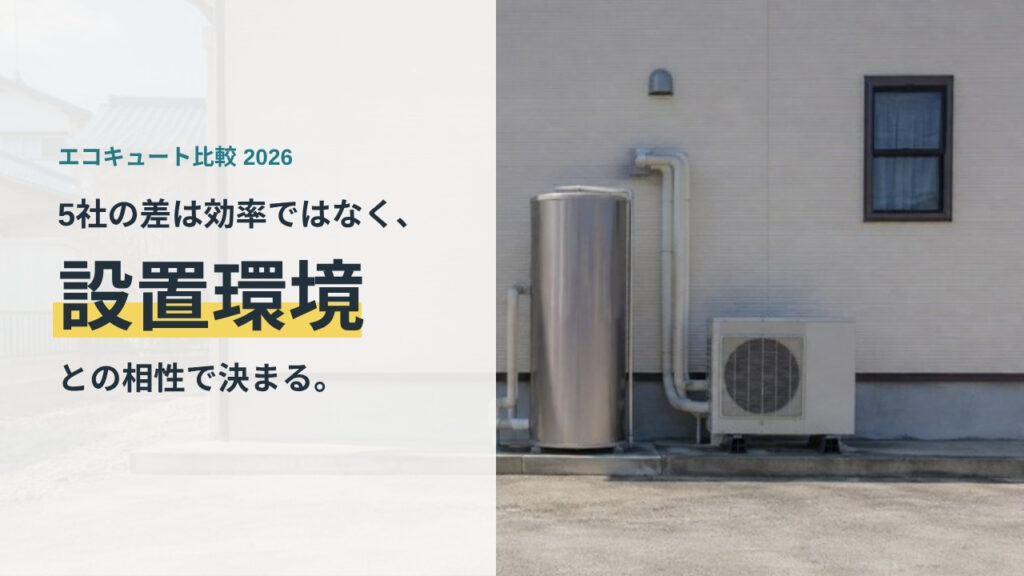 エコキュートのメーカー比較2026のアイキャッチ。戸建て住宅の外壁沿いに設置された貯湯タンクとヒートポンプユニット