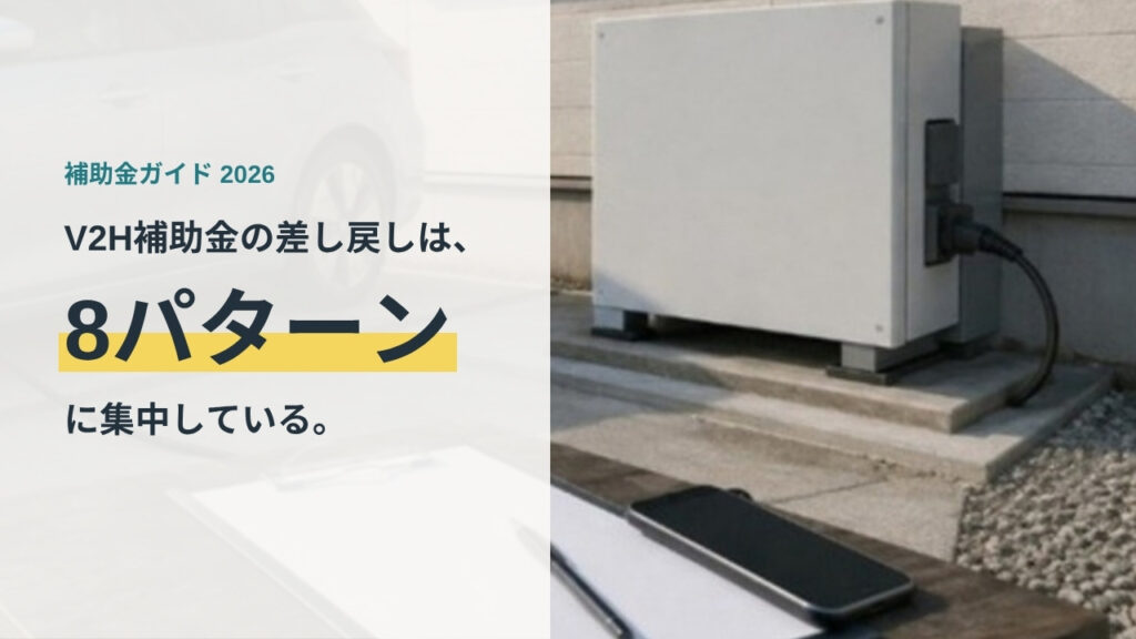 住宅の駐車場に設置されたV2H充放電設備。V2H補助金の差し戻しが8パターンに集中していることを示すアイキャッチ