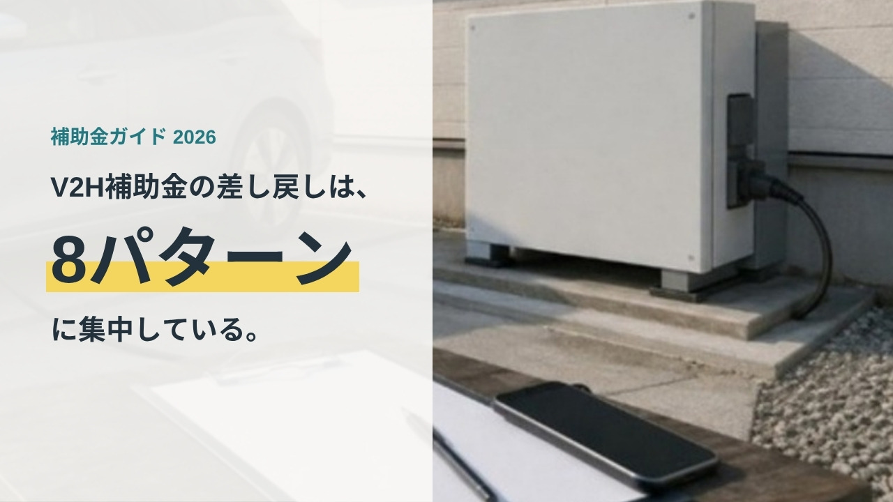 住宅の駐車場に設置されたV2H充放電設備。V2H補助金の差し戻しが8パターンに集中していることを示すアイキャッチ