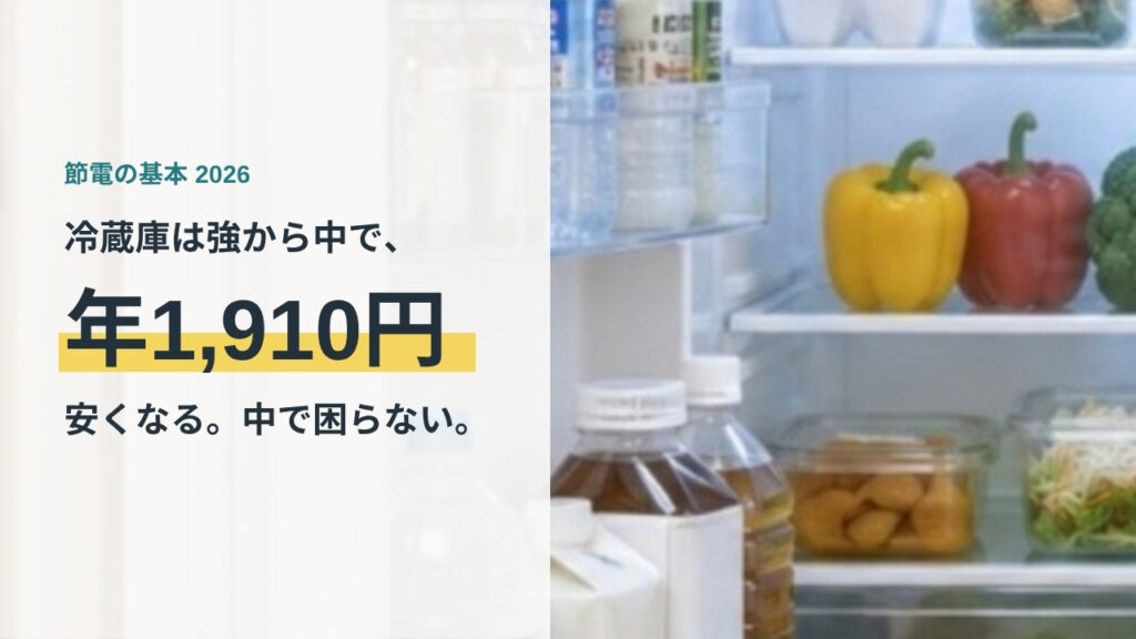 野菜や飲料が入った家庭用冷蔵庫の庫内。設定温度を強から中へ下げたときの節約額を解説する記事のアイキャッチ