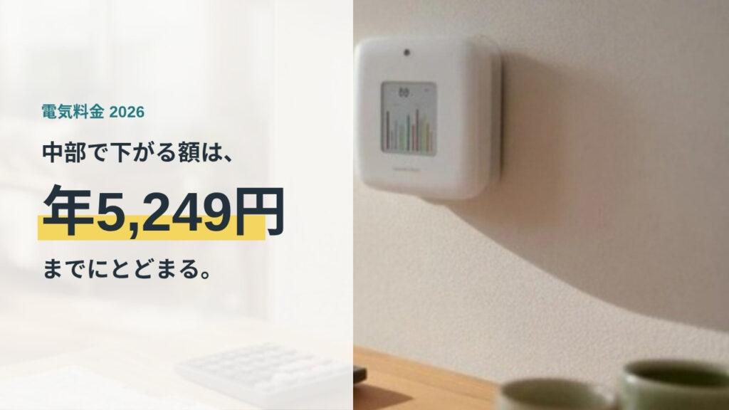中部の電力会社比較のアイキャッチ。壁に付いた電力モニターと机の電卓