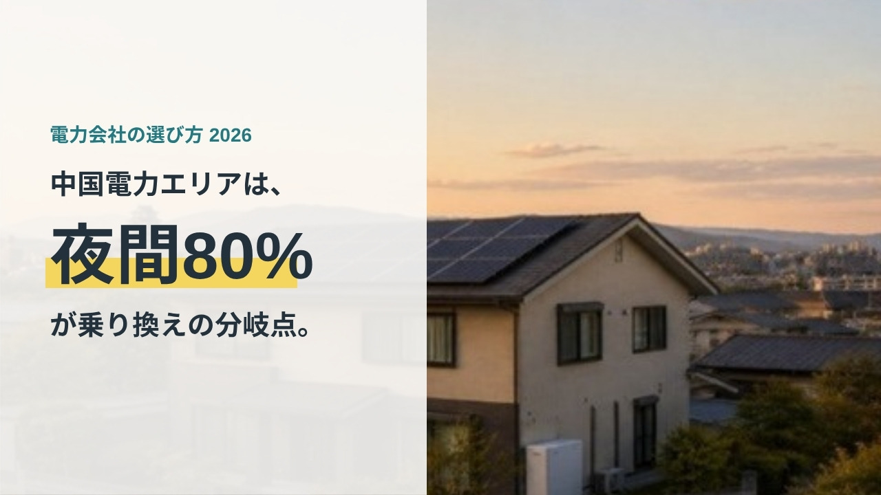 中国電力エリアの乗り換え分岐点は夜間比率80%であることを示すアイキャッチ