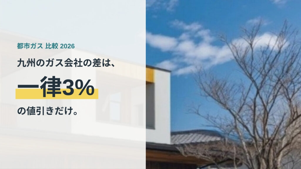 生成りのパネルに「九州のガス会社の差は、一律3%の値引きだけ。」と書かれた、住宅外観の写真のアイキャッチ