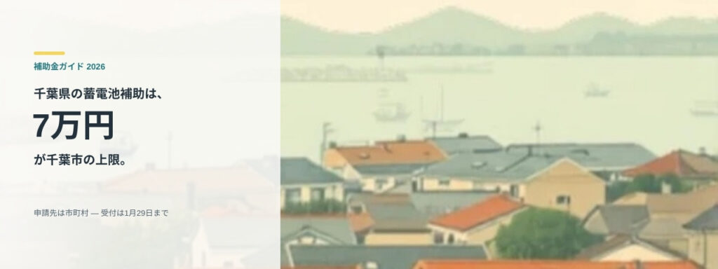 海沿いに住宅が並ぶ千葉県の町並みと、千葉市の蓄電池補助7万円を示すアイキャッチ