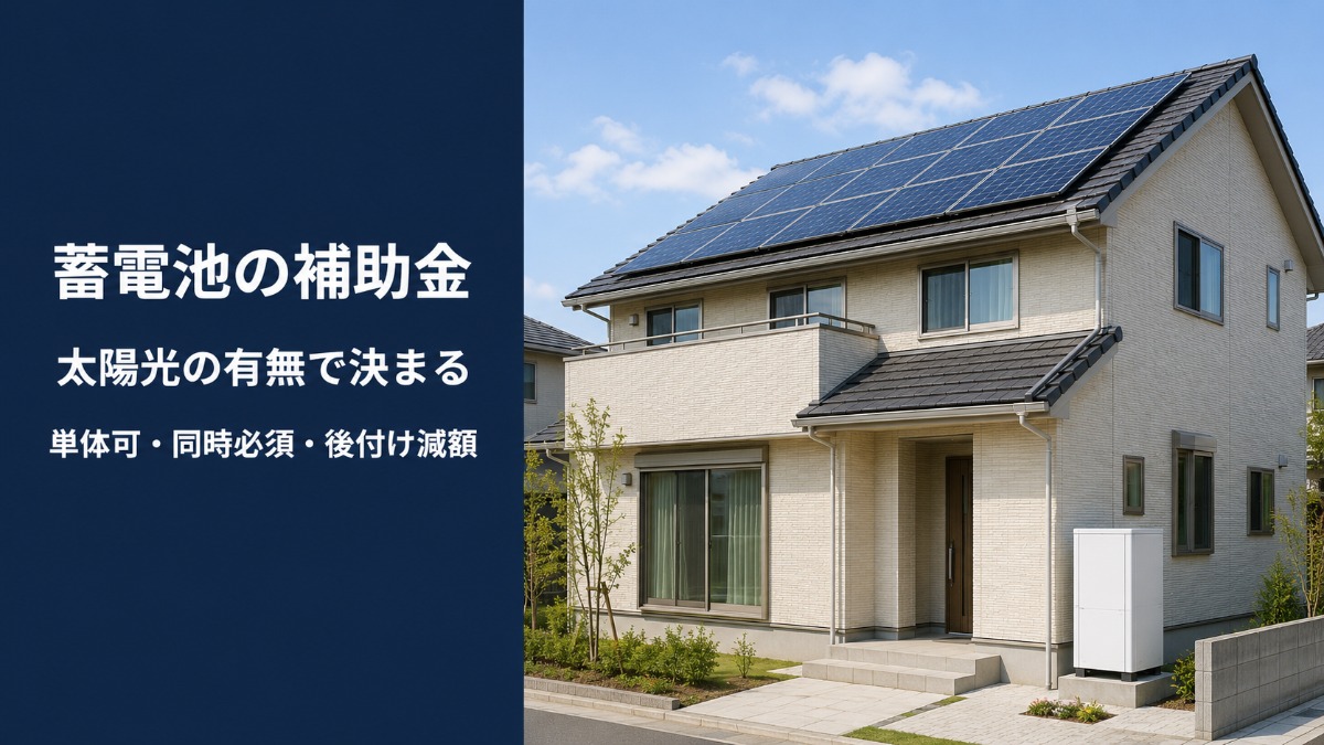 屋根に太陽光パネルがあり外壁のきわに家庭用蓄電池が設置された日本の戸建て住宅