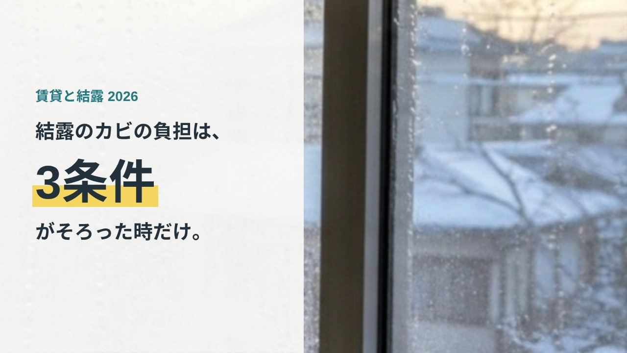 水滴が付いた賃貸住宅の窓ガラス。結露のカビの負担は3条件がそろった時だけという記事のアイキャッチ