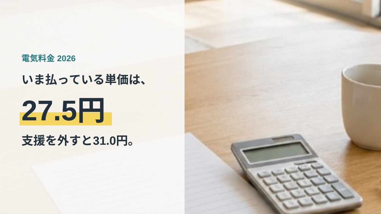 机の上の電気の検針票と電卓に、電気料金の1kWh単価27.5円と支援を外すと31.0円という文字を重ねた画像