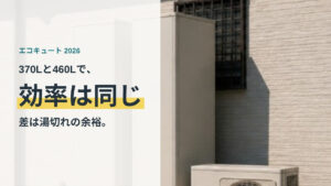 エコキュートの貯湯タンクとヒートポンプユニットが住宅の外壁に設置されている様子
