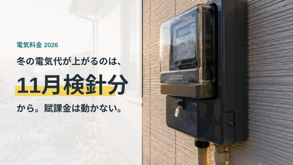 冬の朝の住宅の外壁に付いた電力量計。値引きが消えるのは11月検針分であることを示すアイキャッチ
