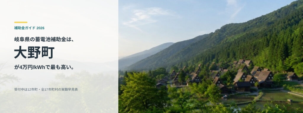 岐阜県の山間の集落と朝霧の写真に「岐阜県の蓄電池補助金は、大野町が4万円/kWhで最も高い。」と記したアイキャッチ