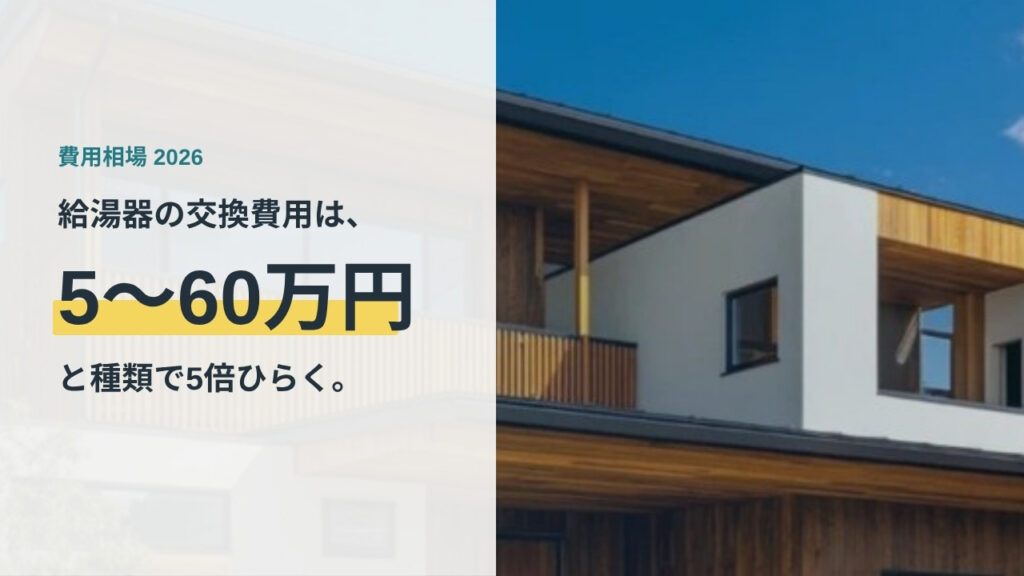 給湯器の交換費用の相場は5〜60万円で種類により5倍ひらくことを示すアイキャッチ