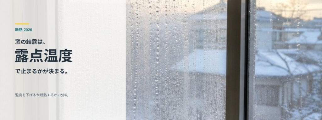 冬の朝に水滴がびっしり付いた室内側の窓ガラス