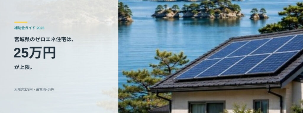 松島の島々を望む海辺に建つ太陽光パネル付きの住宅