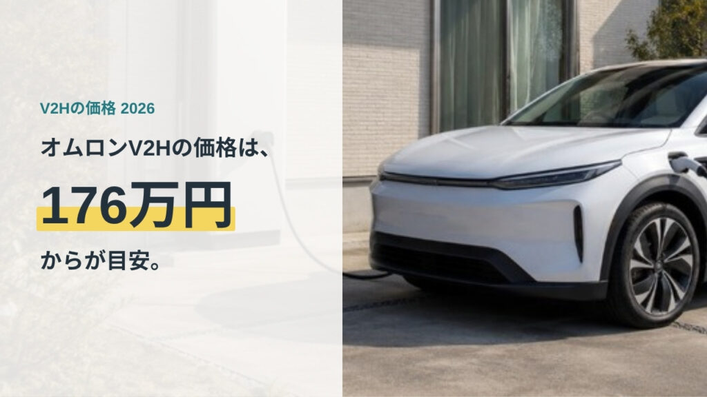 オムロンV2Hの価格は176万円からが目安。住宅の駐車スペースでV2H機器につながれた白い電気自動車